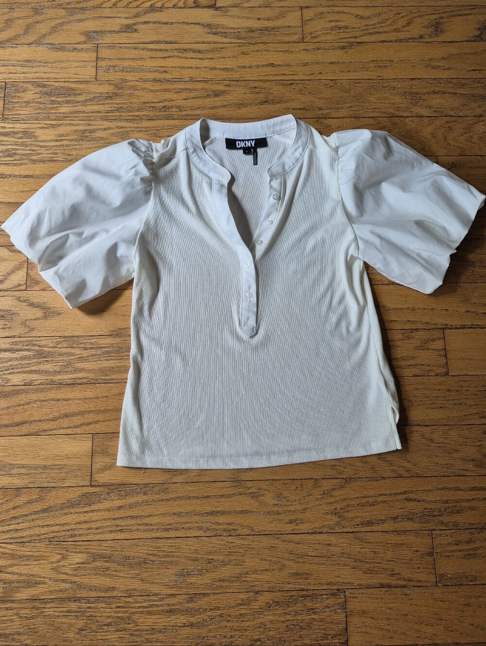 DKNY Ivory Puff Sleeve Ribbed Henley Top Size Medium